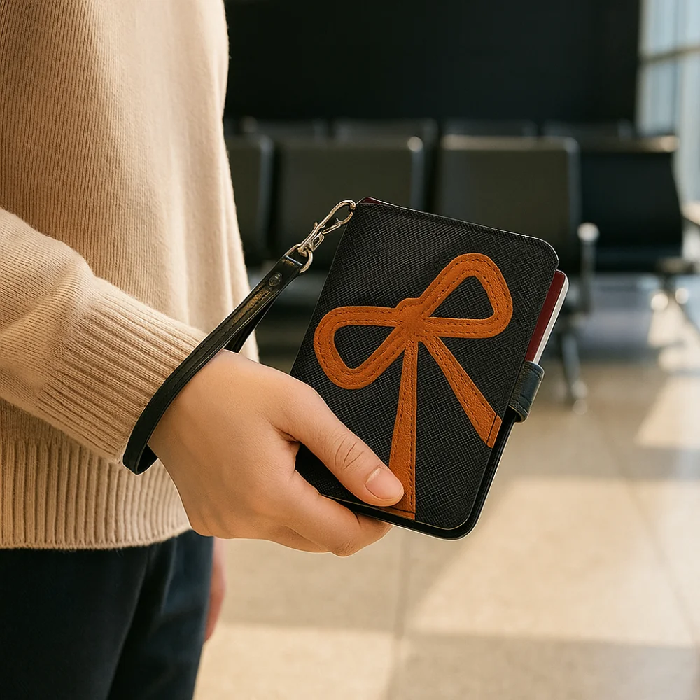 

RFID Anti-theft PU Bow Passport Bag Multifunctional Card Holder Passport Clip Cute Airplane Check-in Storage Card Bag Women