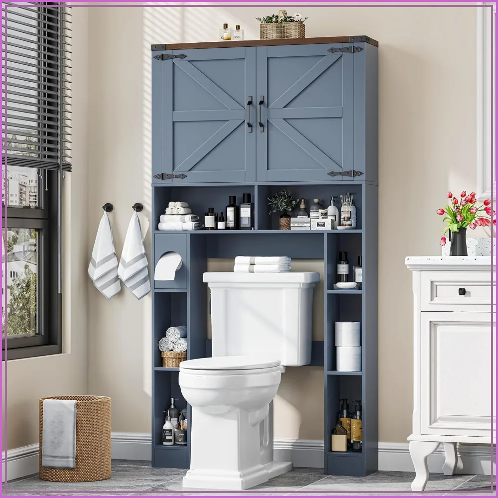 Storage Cabinet Over Toilet with 2 Barn Doors, Blue