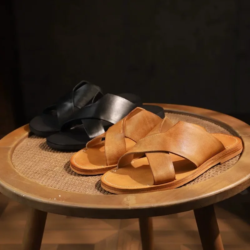 Handmade Washed Cowhide Open Toe Slippers Men's Shoes Outdoor Wear Retro Flat Bottom Slip on Beach Summer Sandals Male