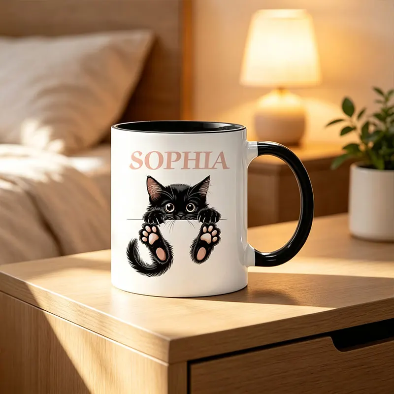 1 Piece, Personalized Ceramic Mug (Available in 2 Colors, Featuring a Pure Black Kitten Peeking from Behind the Horizontal Line with Round Eyes and Paw Pads, Transparent Fur Detail Pattern, Reusable, Suitable for Hot and Cold Drinks, Coffee)