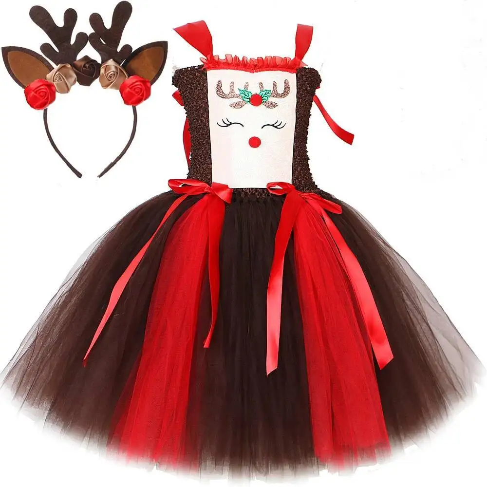 Christmas Deer Costumes for Girls Reindeer Princess Dresses for Kids Animal Elk Fancy Outfits Children Xmas New Years Clothes