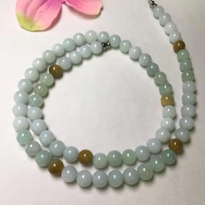 Special Offer Natural Myanmar a Goods Ice Light Green Yellow Silk Necklace Jade round Beads Bead Chain for Wome