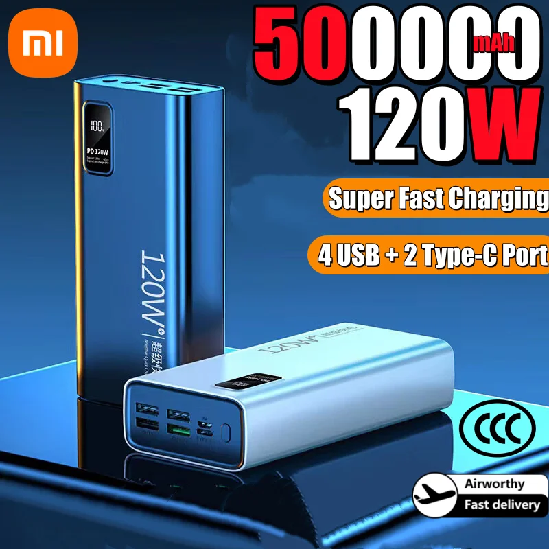 باور بانك Xiaomi بسعة كبيرة 500000 مللي أمبير في الساعة بقدرة 120 وات شحن سريع للغاية مع منفذ 4USB + 2USB Type-C لهاتف iPhone وسامسونج وهواوي 2026 #1