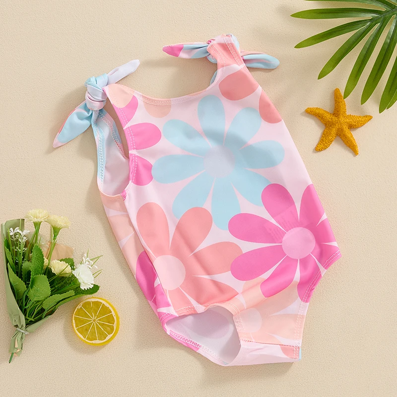 Bañador con estampado Floral para niña, traje de baño sin mangas anudado con correa para el hombro, cuello en U