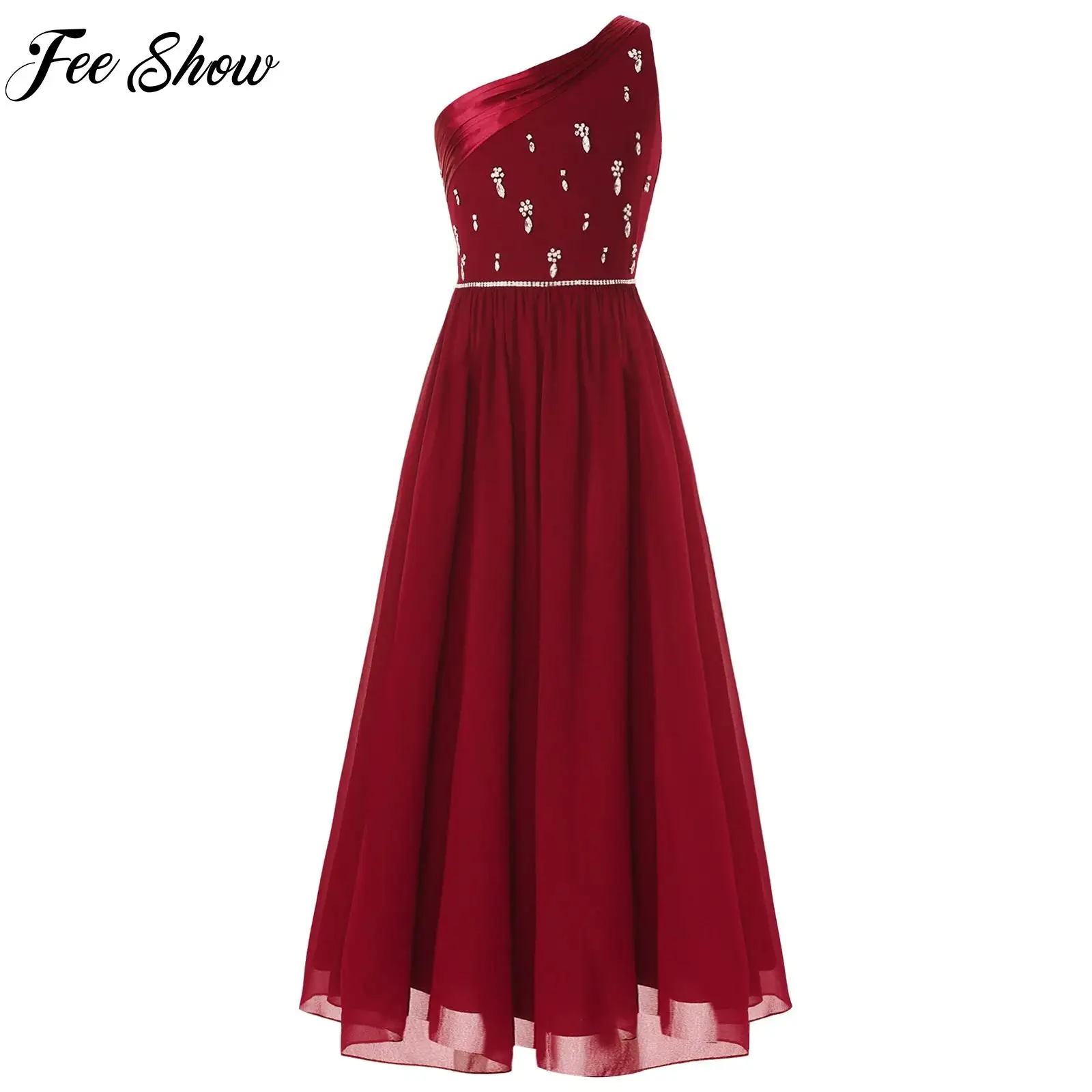 

Children Chiffon Dress for Girls Teenage One Shoulder Sleeveless Gown for Wedding Party Bridesmaid Prom First Communion Dress