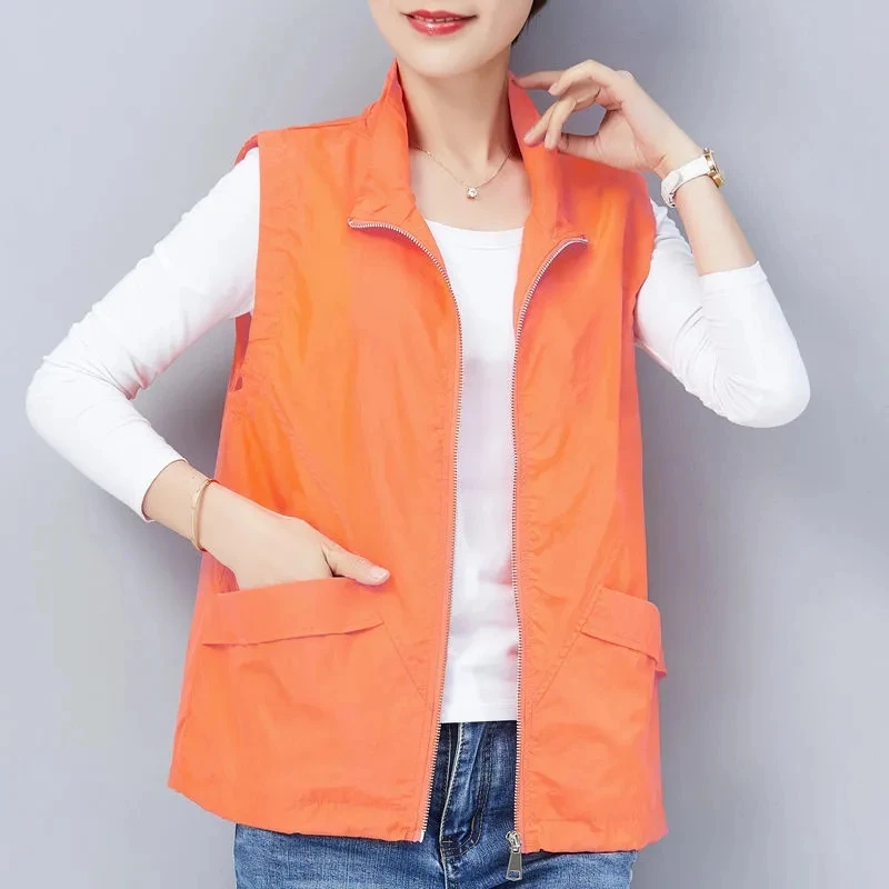 2026 Spring Summer Short Vest Women's Breathable Mesh Inner Casual Thin Waistcoat Sunscreen Jacket Female Zipper Outwear Top