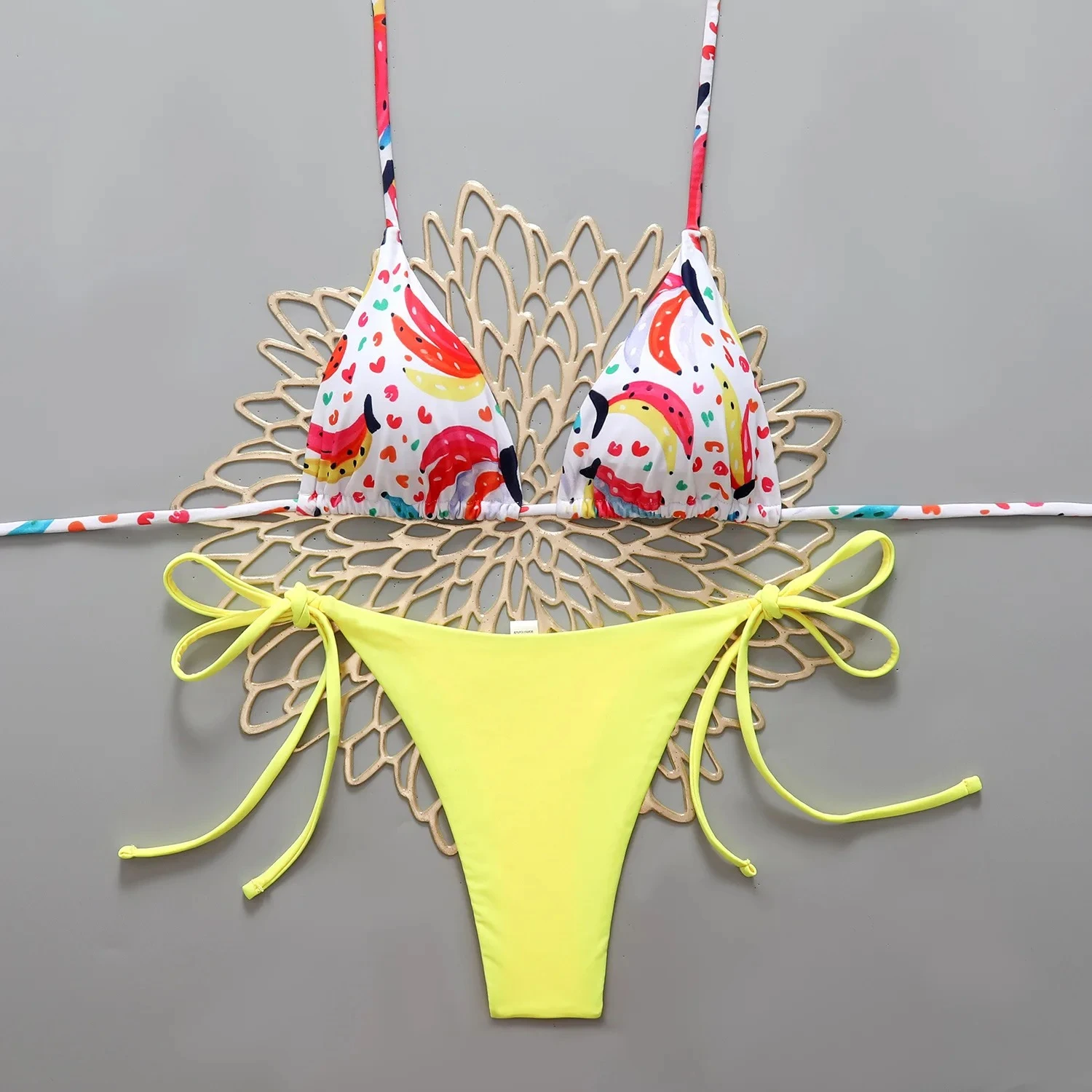 

Сексуальный треугольный бразильский купальник пуш-ап с завязками по бокам, женский купальник с банановым принтом, пляжный купальник, пляжная одежда