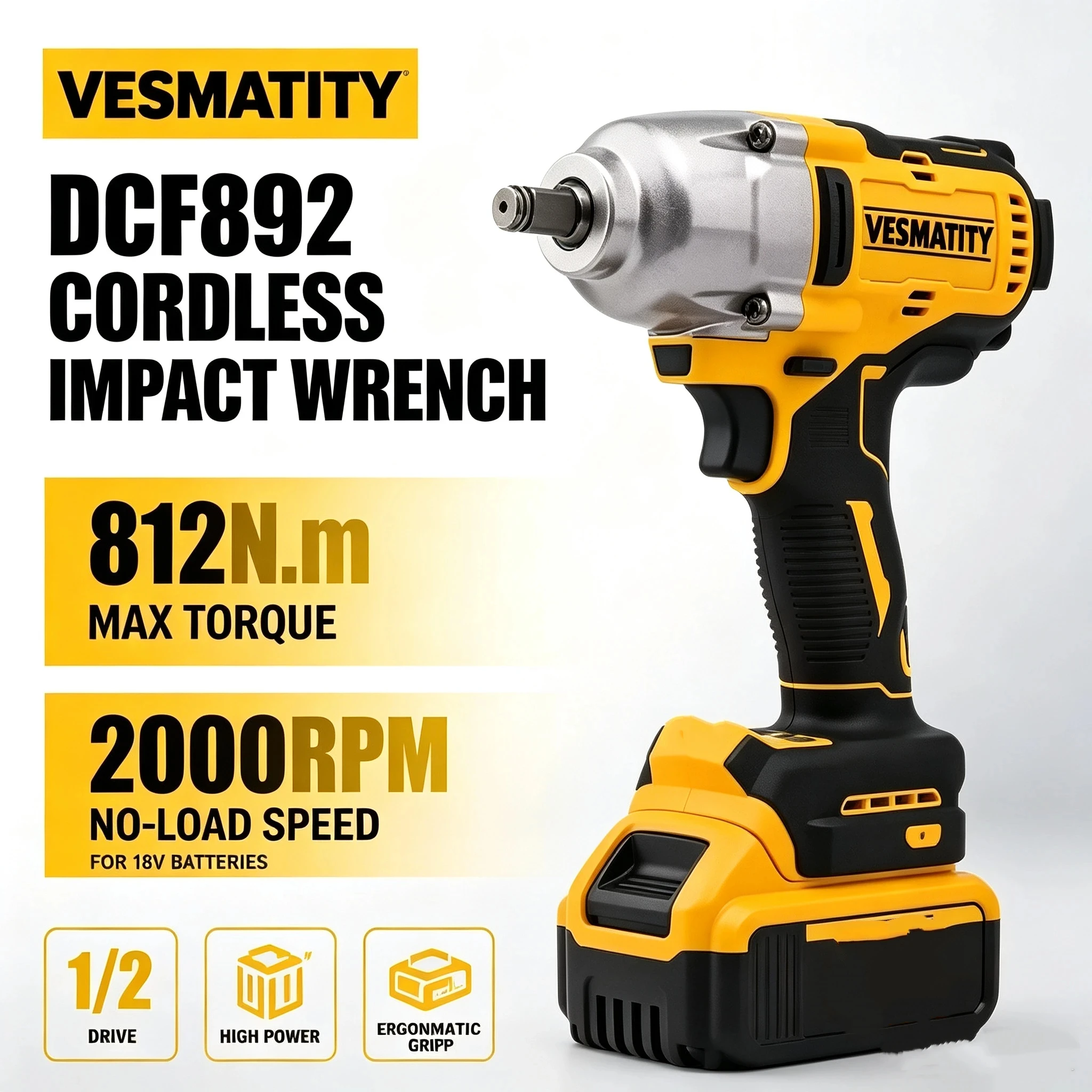 Cordless Impact Wrench 800N.m Brushless High Torque Electric Power Tool 20V Battery 1/2 Inch for Tire Removal Lug Nut Car Repair