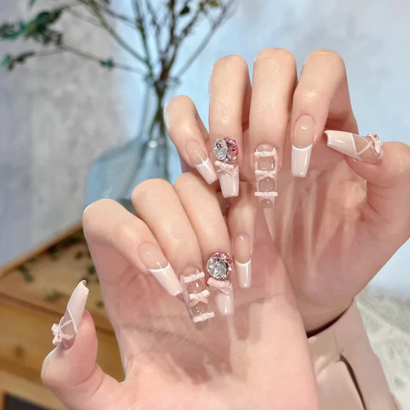 

24Pcs Elegant Dusty Pink Ballerina Press on False Nails Decorated with 3D Pearl Bows French Tips for Women&Girls Daily Wear