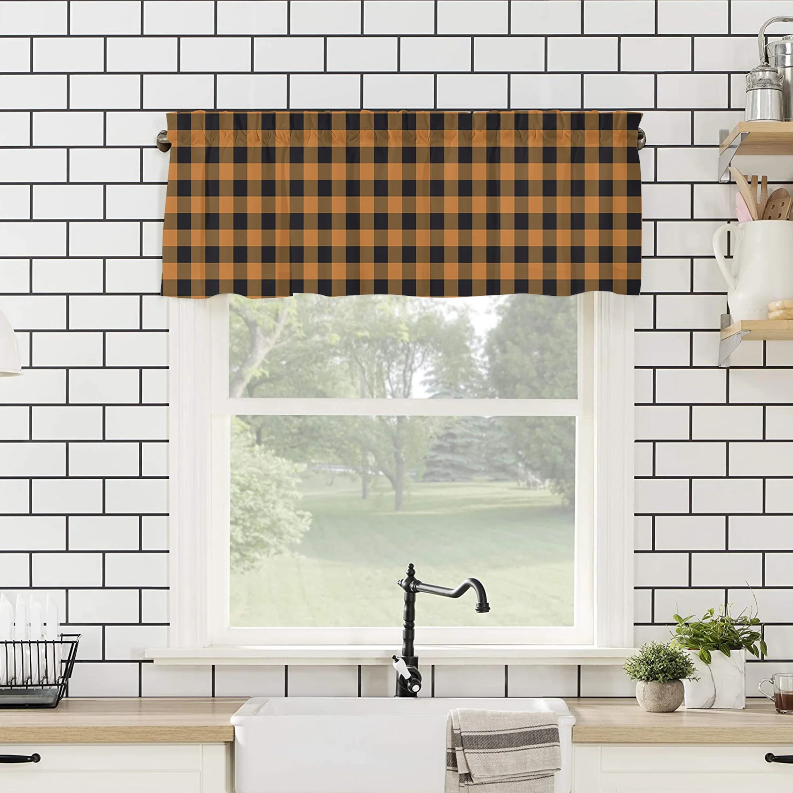 

Orange and Black Check Plaid Kitchen Curtain Valance, Halloween Window Curtain Valance Rod Pocket, 1 Panel Short Valances