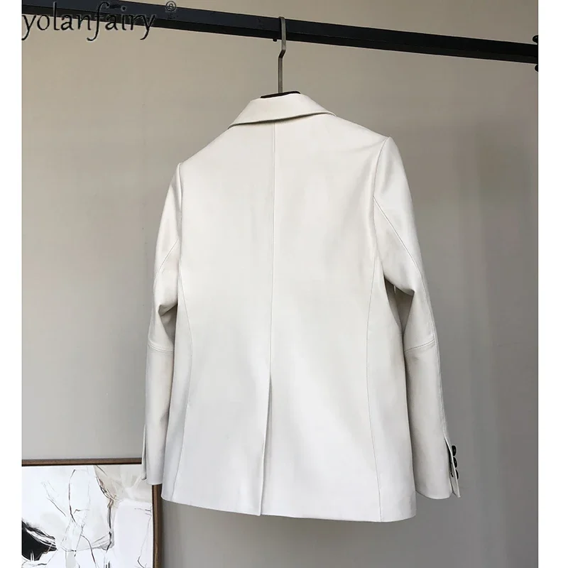 100% Echte Schapenvacht Jas Vrouwelijke Witte Lederen Jas Vrouwen Lente Herfst Lederen Blazer Veste Cuir Femme 2021 KJ6800