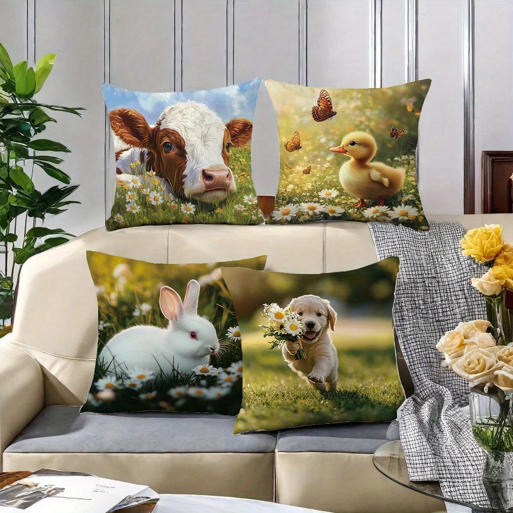 Cute Farm Animals Collection Throw Pillow Set: Cow, Bunny, Chick, and Puppy in Spring Meadow Scenes