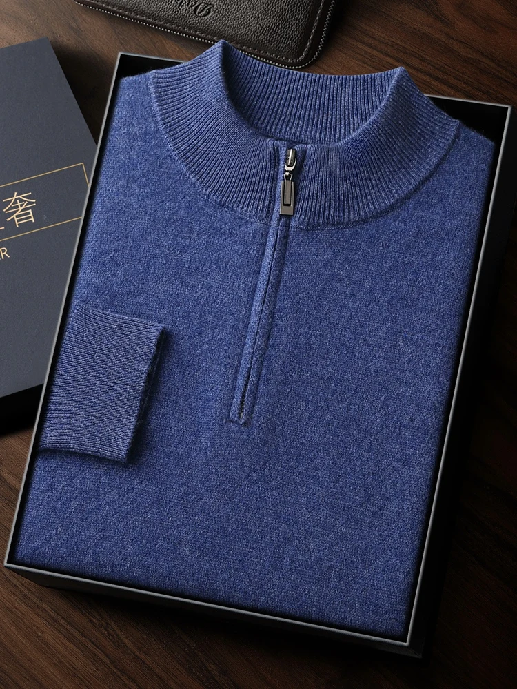 

Новый шикарный роскошный мужской свитер на полумолнии, осень-зима, умный повседневный пуловер с воротником-стойкой, 100% кашемировый трикотаж, мягкая теплая одежда