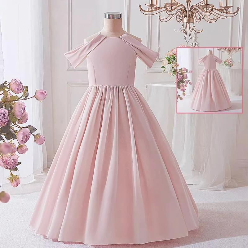 Pink Girls Long Princess Dress Children Elegant Violin Performance Host Gown Pageant Formal Party Birthday Celebration Outfit