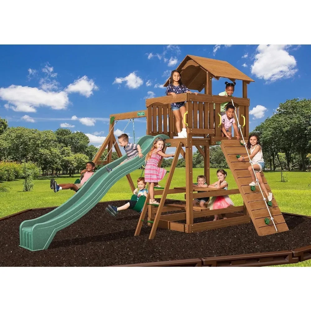 

Creative Playthings Wooden Swing Set (Made In The USA), Includes Kids Climbing Wall, Playground Swings,15 X 14 X 11 Ft A