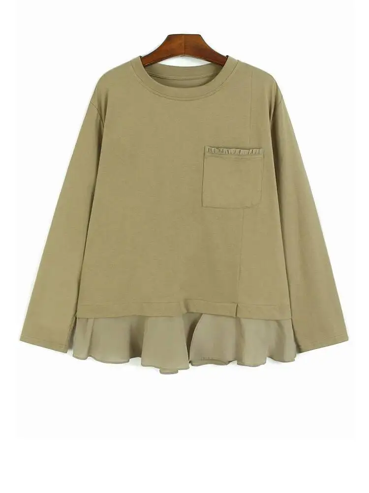 

Женская повседневная футболка цвета хаки с карманами и оборками по подолу, большого размера, новая модная футболка с круглым вырезом и длинными рукавами, весна-осень