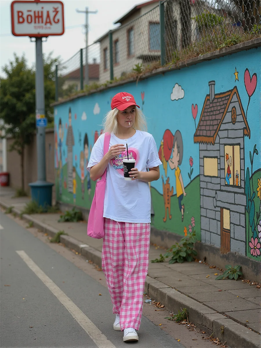 سروال نسائي كبير الحجم أزرق وردي منقوش مدبب الساق صورة ظلية تصميم نحيف من خلال الكاحل مريح الفخذ مريح حديث #3