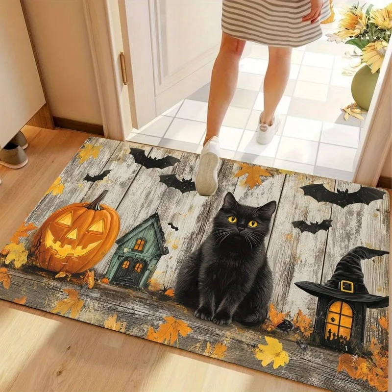 Newest Doormat Vintage Wood Black Cat Pumpkin Bat Halloween Flannel Doormat Non Slip Holiday Front Door Mat