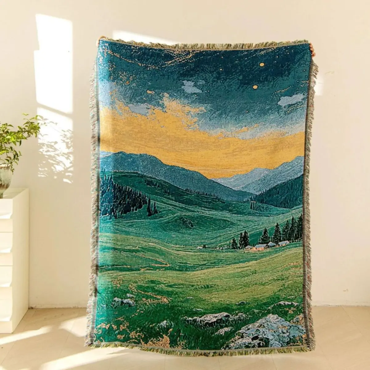 Green Grassland Cotton Thread Woven Tapestry Bedroom Decoration Hanging Cloth Cabinet Cover Towel Atmosphere Arrangement