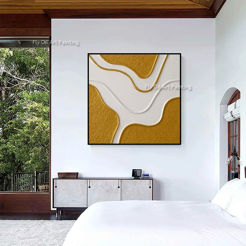 100% Hand Painted White Gold Curved Abstract Art, 3D Layer Impasto Painting, Modern Elegant Wall Decor For Living Room