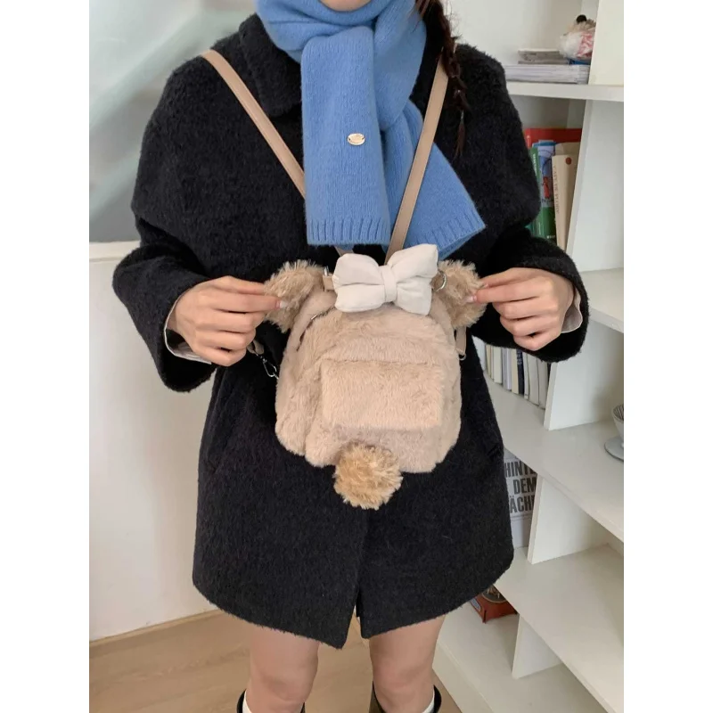 Plush backpack for women2025New autumn and winter trendy fashion cute small backpack, college style versatile commuter school ba