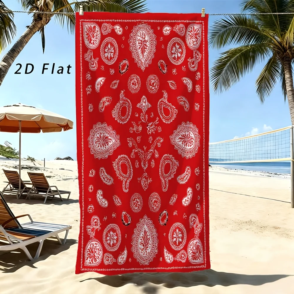 Classic Bandana Beach Towel Traditional White Paisley On Bright Red Background Iconic Style Versatile As Picnic Blanket Or Scarf