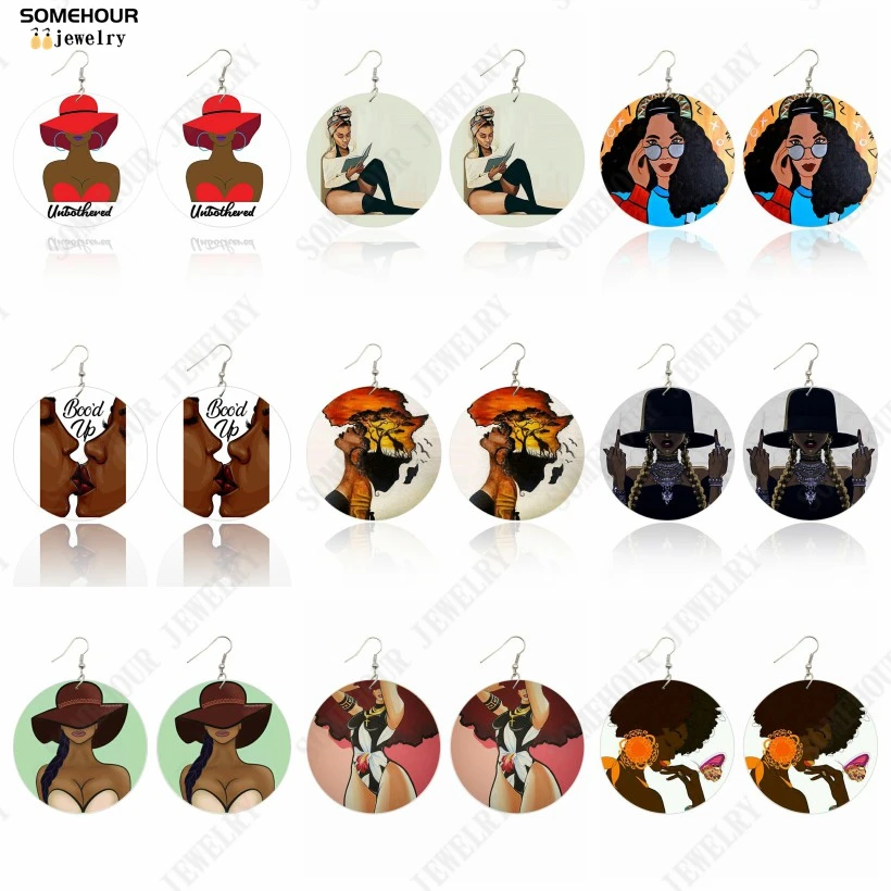 SOMEHOUR Black Art Painting African Wooden Drop Earrings Unbothered Sexy Woman Afro Curly Girl Bood Up Vintage Big Loops Dangle