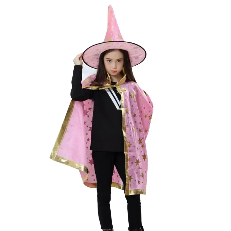 Детский плащ на Хэллоуин, шляпа ведьмы, косплей, звезды, красочный плащ и шляпа ведьмы, комплект для выпускного вечера, наряд 80 см