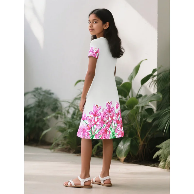 فستان أبيض بأكمام قصيرة للفتيات مطبوع عليه زهور وردية 2025