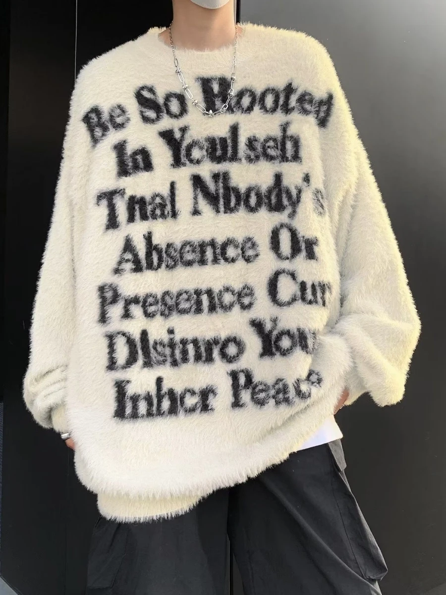 

Мужской вязаный свитер American Sle с вышивкой букв, имитацией меха, круглым вырезом, свободного кроя, повседневный, осенний, модный