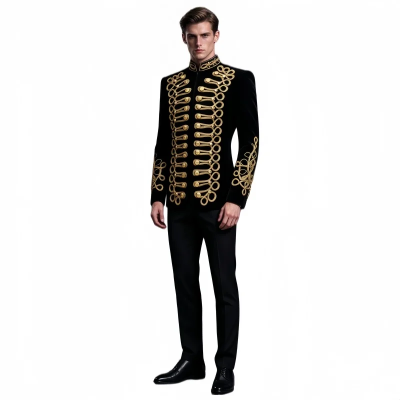 Men's Velvet Blazer Jacket Heavy Handmade Gold Rope Embroidery Military Uniform Suit Button Wedding Party Stage Performance