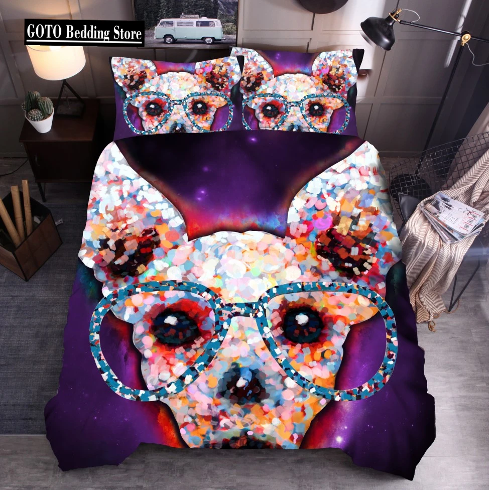 Print Lovely Cartoon Dachshund Bedding Set Printed Cute Pink Purple Glasses Dog Duvet Cover Sets For Girl Bedclothes Cover Bed 8