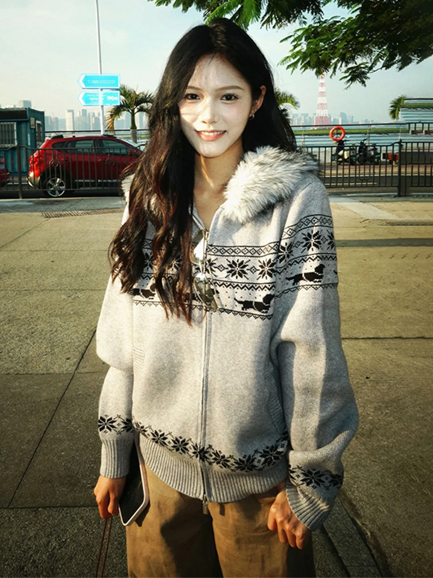 

Женский вязаный свитер Fierland с капюшоном и воротником на молнии, свободный крой, длинный рукав, теплый, однотонный, зимняя новинка