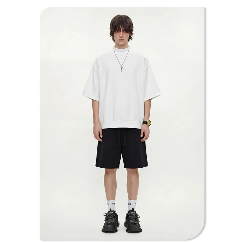 New Spring Men's Mid-sleeved T-shirt American Retro Solid Color Semi-high Neck Loose Pure Cotton Top