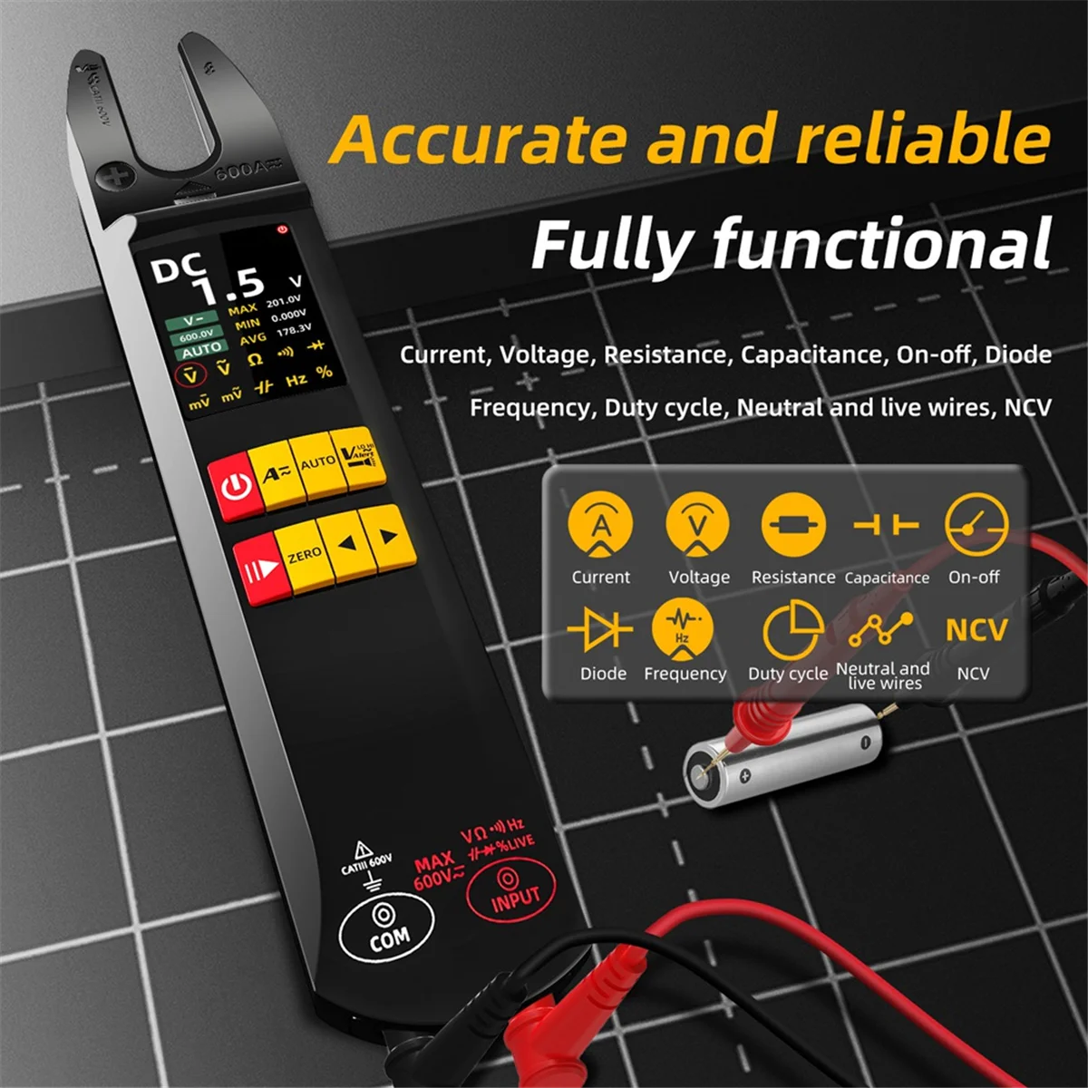 AB52 U5 DC AC Current Tester 600A U-Shaped Clamp Meter True RMS Auto-Ranging TFT Screen USB Rechargeable 1200mAh NCV Multimeter
