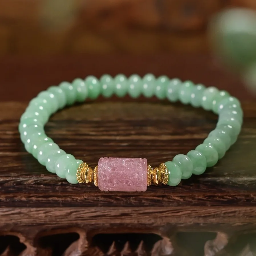 Natural A‑Grade Bean‑Green Jadeite Abacus‑Bead Bracelet, Pink Tourmaline Pattern Bead, S925 Silver Chinese‑Style Daily Jewelry