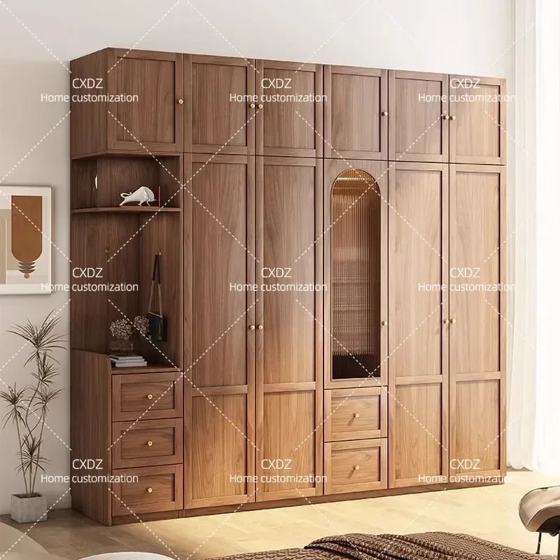Modern Simple Walnut Glass Door Swing Wardrobe for Bedroom Small Apartment Household Storage Cabinet Economical Furniture