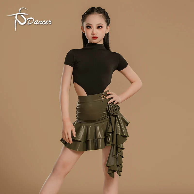 Costume de danse latine pour filles, spectacle d'entraînement de danse, combinaison, jupe à manches courtes haute brillance, ensemble de cours noir pour enfants