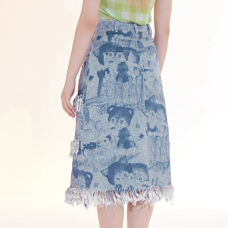 Retro-Design, hellblauer Tierdruck, mit Fransen, mittellanger Rock für Damen, 2025, neue, vielseitige Imitations-Denim-A-Linien-Röcke für Damen