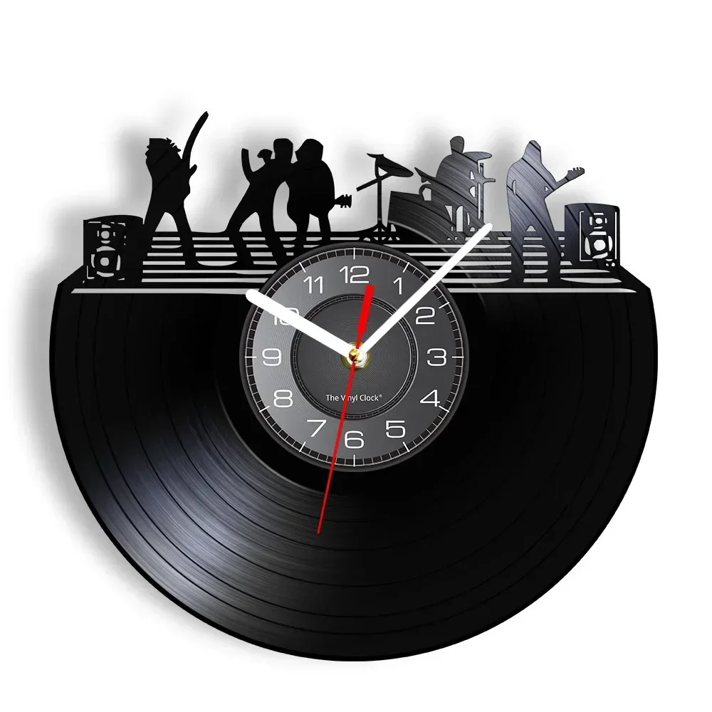 Rock Band on Stage Black & White Wall Art Vintage Vinyl Record LP Wall Art Silent Wall Clock Music Band Live Music Studio Decor