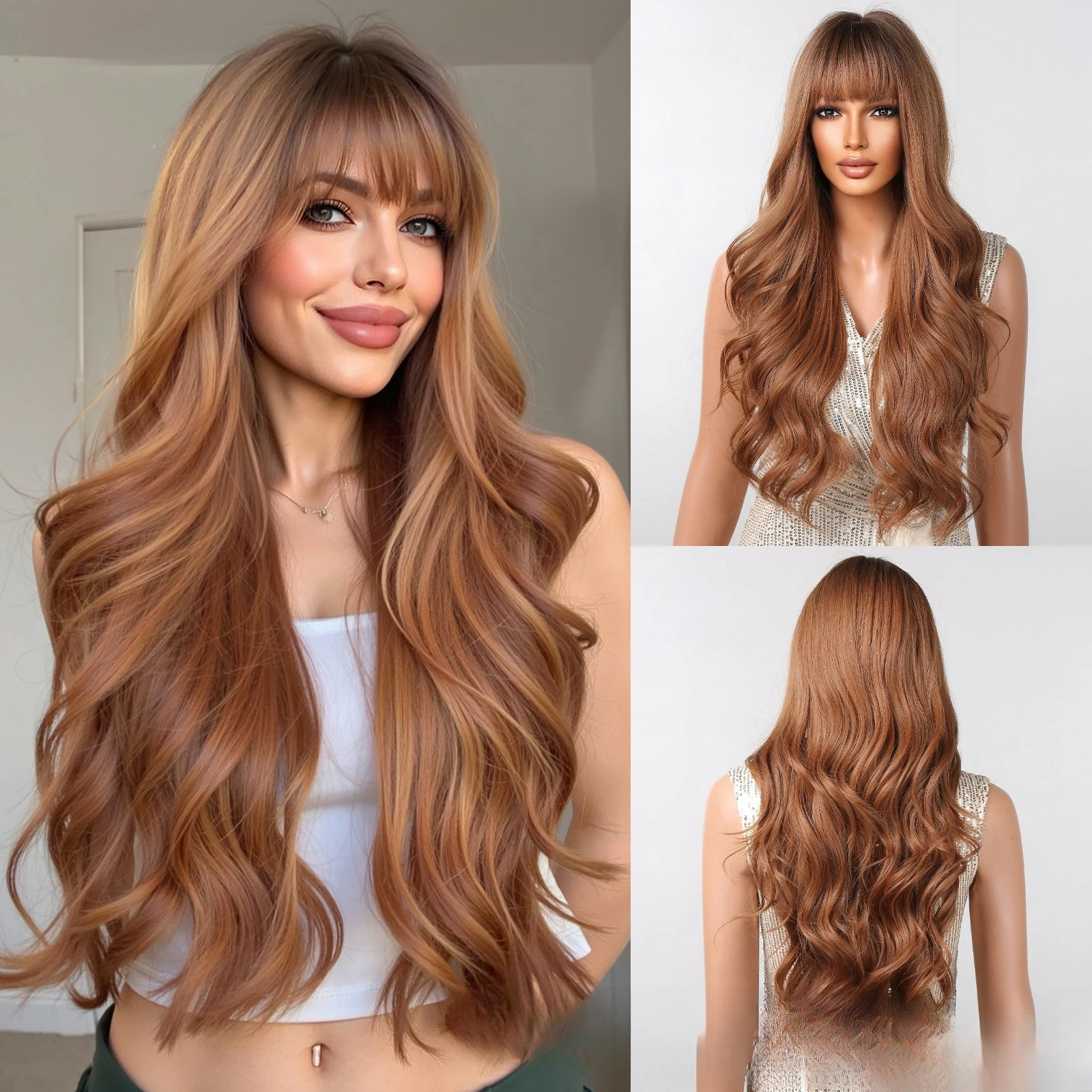 

European and American style new wig women's full headgear Qi bangs golden brown big wave long curly hair chemical fiber wig cove