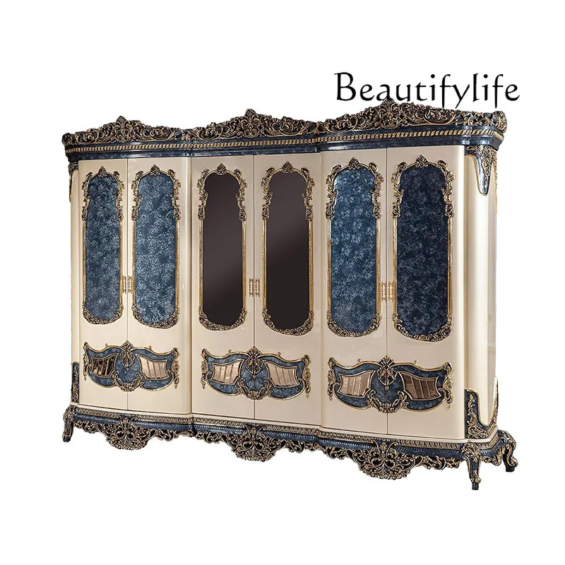 European luxury solid wood carved wardrobe neoclassical old furniture bedroom storage wardrobe