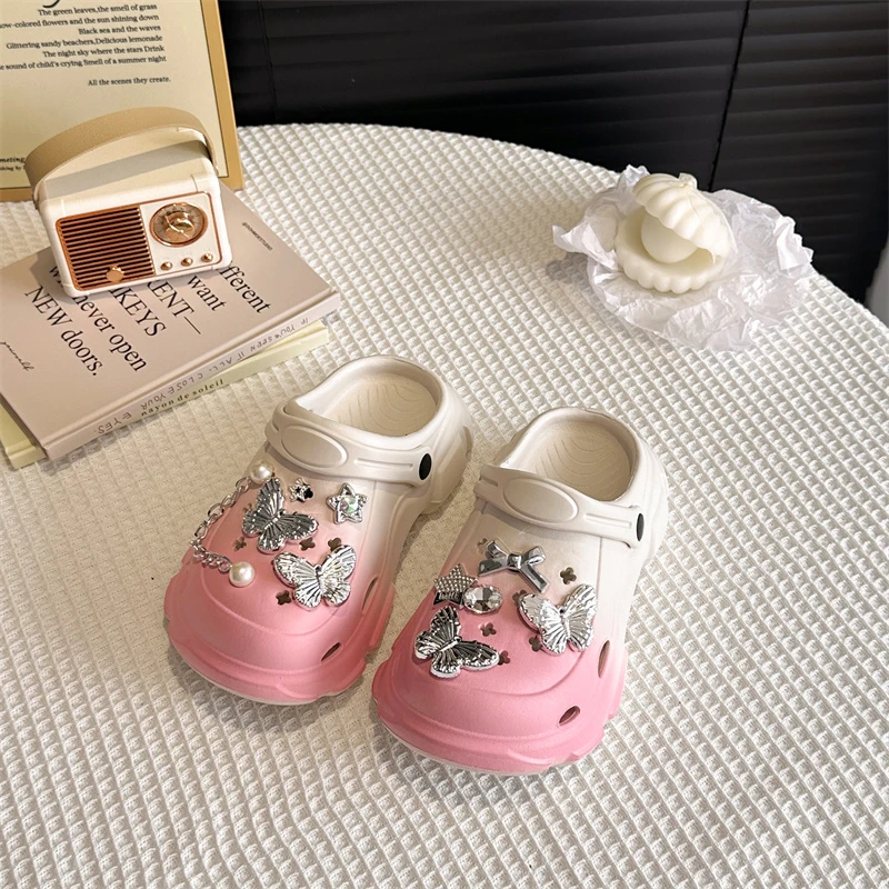 Kids Gradient Butterfly Charm Clogs Breathable Non-slip Platform Sandals with Detachable Decor for Toddler Girls - view 5