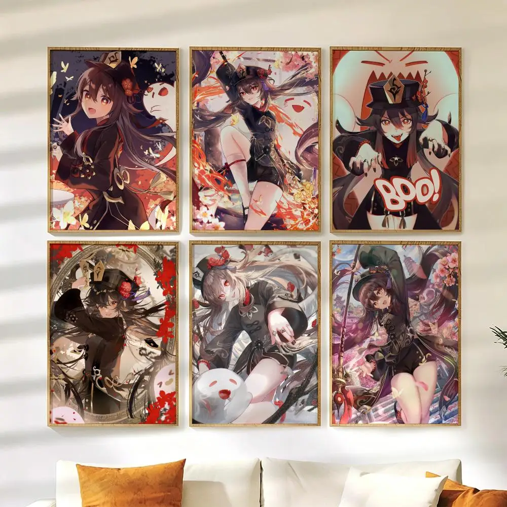 Genshin Impact Hu Tao Poster Wall Stickers HD Painting Self Adhesive Art Decals for Bedroom Living Room Home Decor