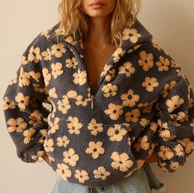 

Women's Spring New Fashion Imitation Lamb Wool Printed Loose Zipper Hoodie Long Sleeve Top