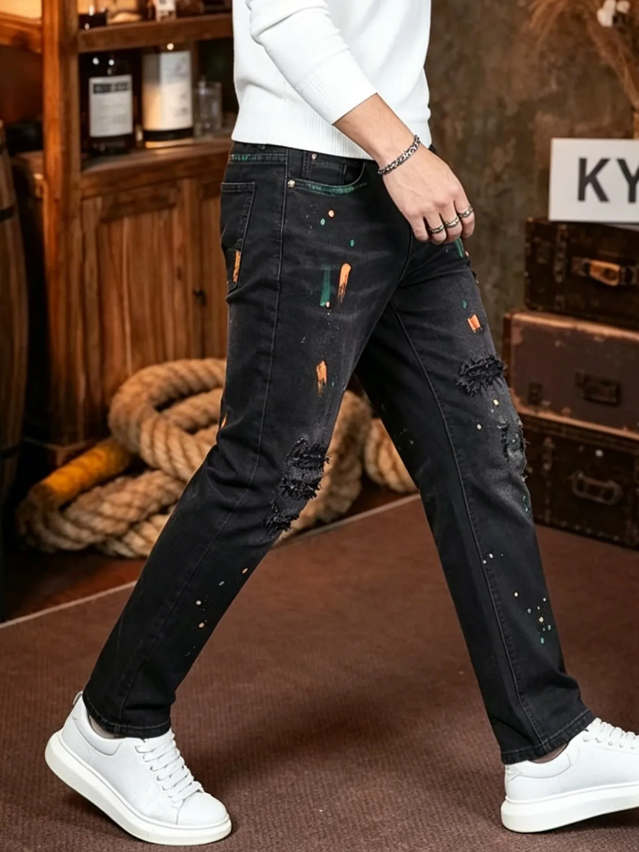 【HME】Men's Jeans | Ripped Straight‑Leg Denim Pants With Back Elastic Waist, Men Black Faded Graffiti Paint‑Splatter Denim Jeans, Frayed Destroyed Male Denim Trousers, Classic Five‑Pocket Construction, Comfort Streetwear Denim Bottoms For Men