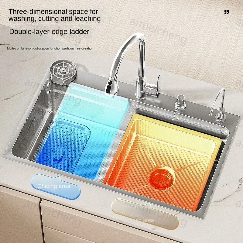 304 Stainless Steel Kitchen Sink Silver Large Single Slot Wash Basin Nano Dishwashing Undermount Sink Left side drainage