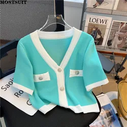 Summer Vintage Slim Knit Sweater Women Cardigan Tops Elegant Stylish Fashion Ladies Short Sleeve V-neck Knitwear Jumpers 2024