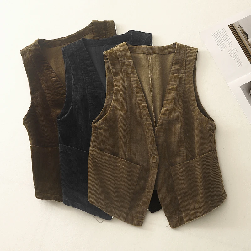 Spring Autumn Black Coffee Khaki Corduroy Vest Women Vintage V-neck Sleeveless Suit Jacket Coat Elegant Lady Waistcoat Cover Ups