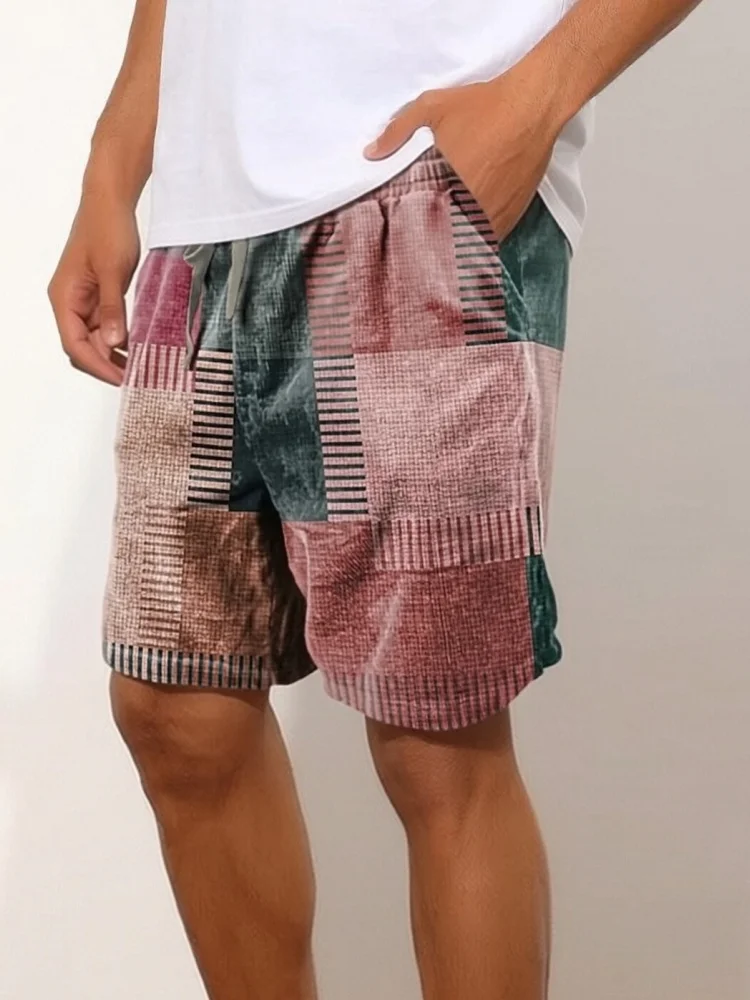 

Men's Patchwork Drawstring Shorts Vintage Color Block Plaid Printed Elastic Waist Beach Wear for Summer Breathable Daily Outings